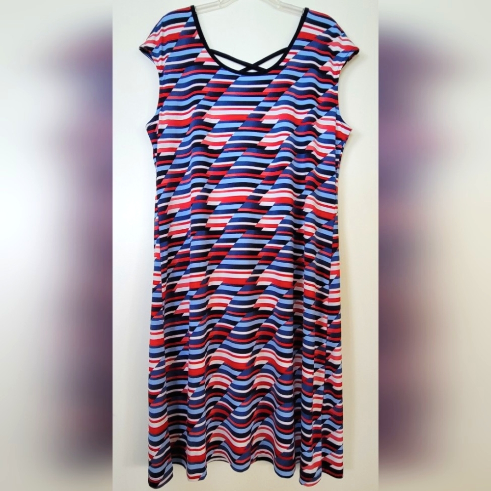 NWOT XL Jersey Knit Midi Sheath Dress Cap-Sleeve Red White and Blue Scoop Neck